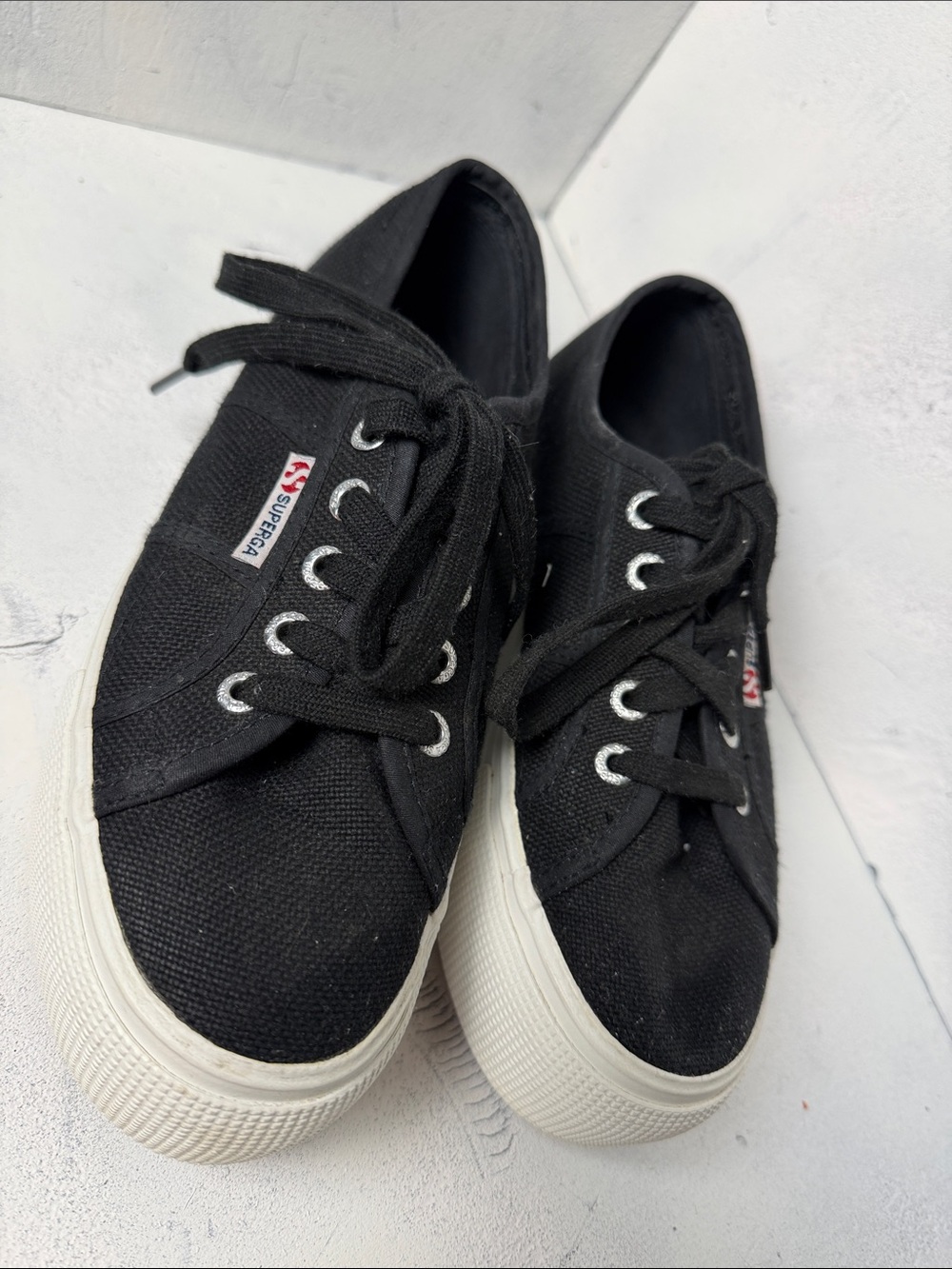 Superga Kids Black Canvas Lace-Up Sneakers with White Soles